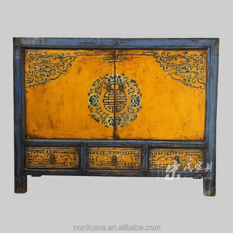 pine wood Mongolia Three Drawer Two Door cabinet