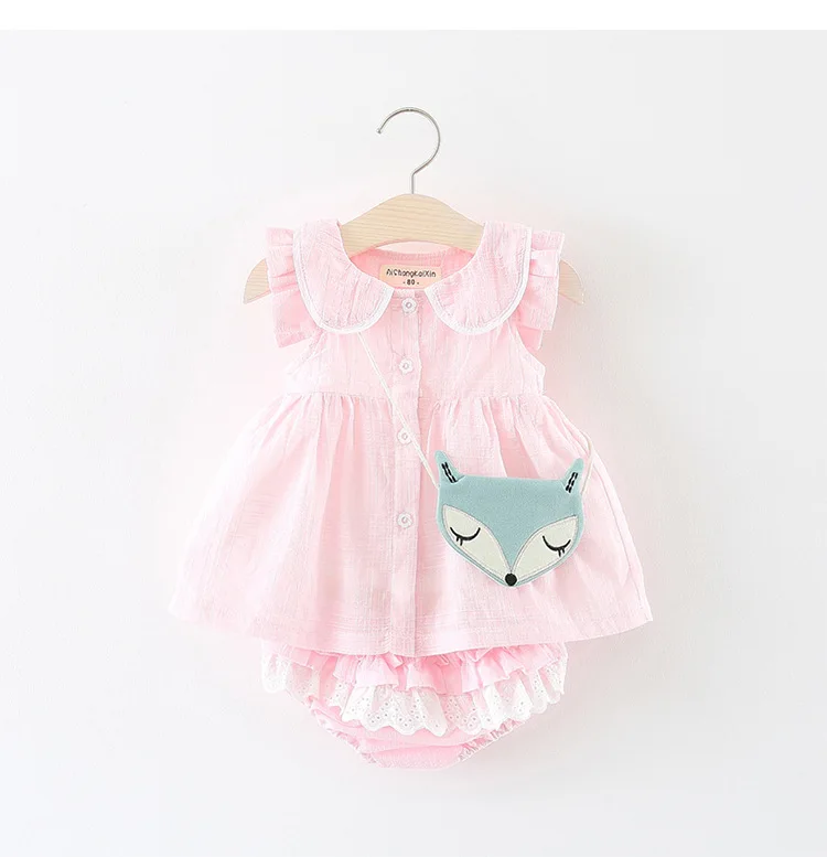 Hao Baby Girls Suit Summer Infant Child Korean Version Set Small Fox Bag PP Pants Two-Piece Dress