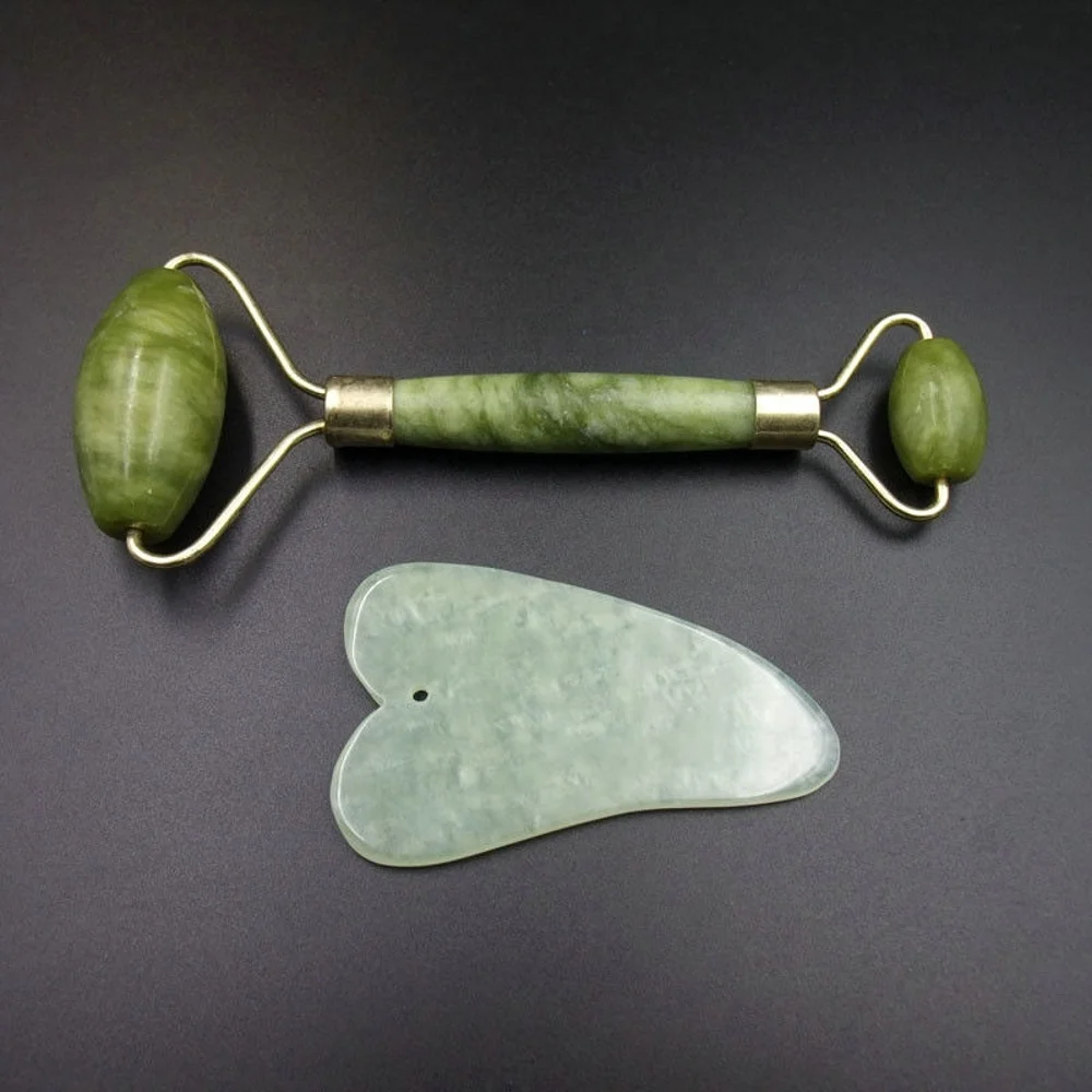 Genuine Jade Roller for Face and Gua Sha Tools Gift Set, 100% Natural Handmade Jade Facial Massager, Scraping Tool