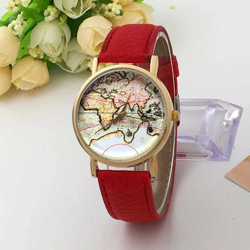 Fashion world map watch big dial watch pu leather band watches