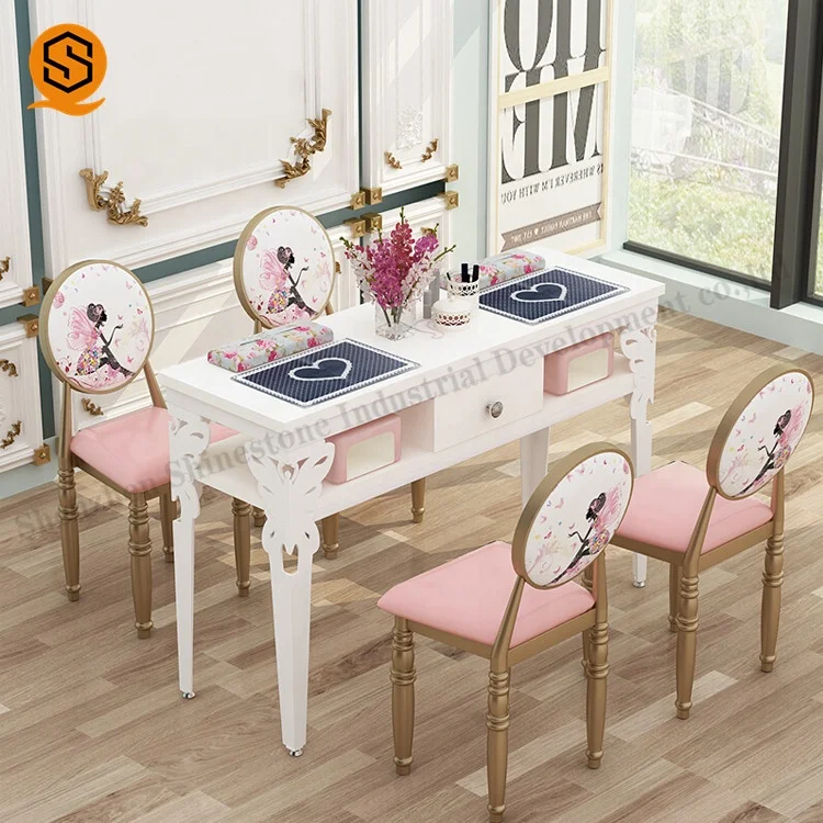 custom luxury white solid surface rectangle pink marble top salon manicure nail tables
