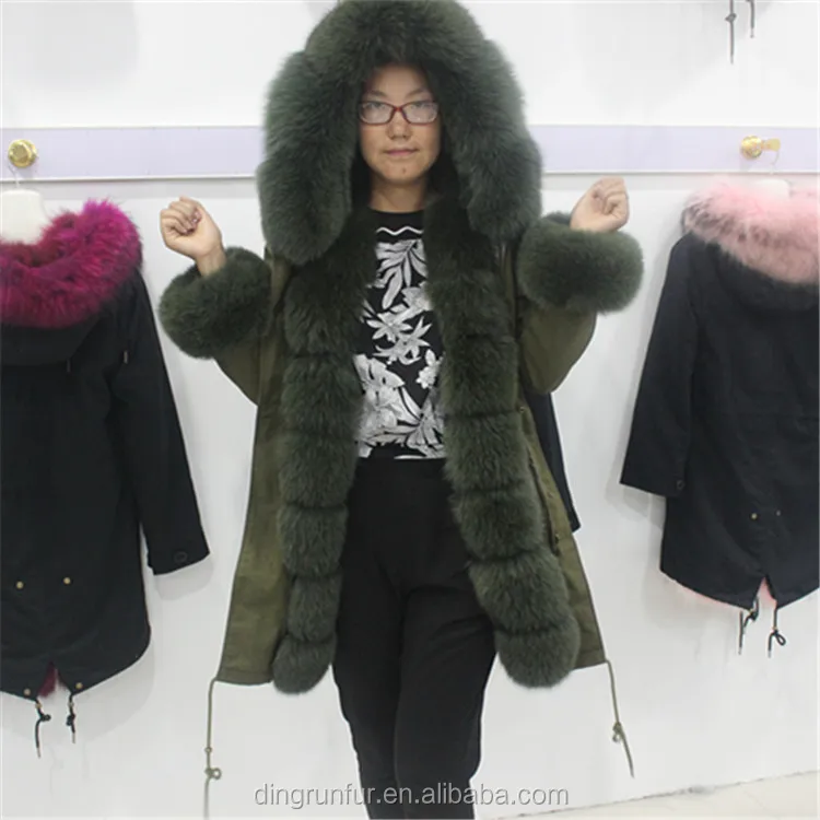
Fox Fur Collar and Trim Rex Rabbit Fur lined coat Hooded real fur parka 
