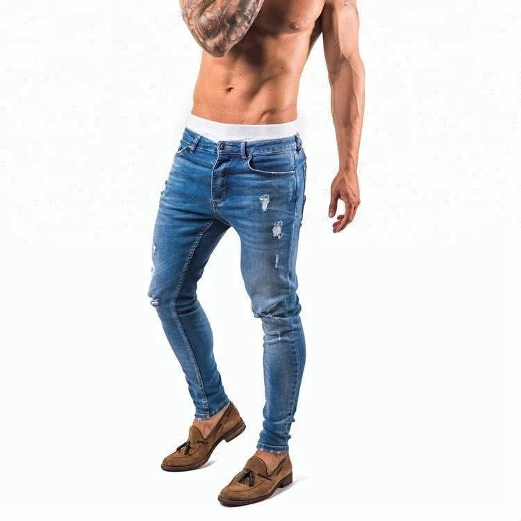 Royal wolf denim garment factory blue vintage acid wash destroyed hole slim jeans for men