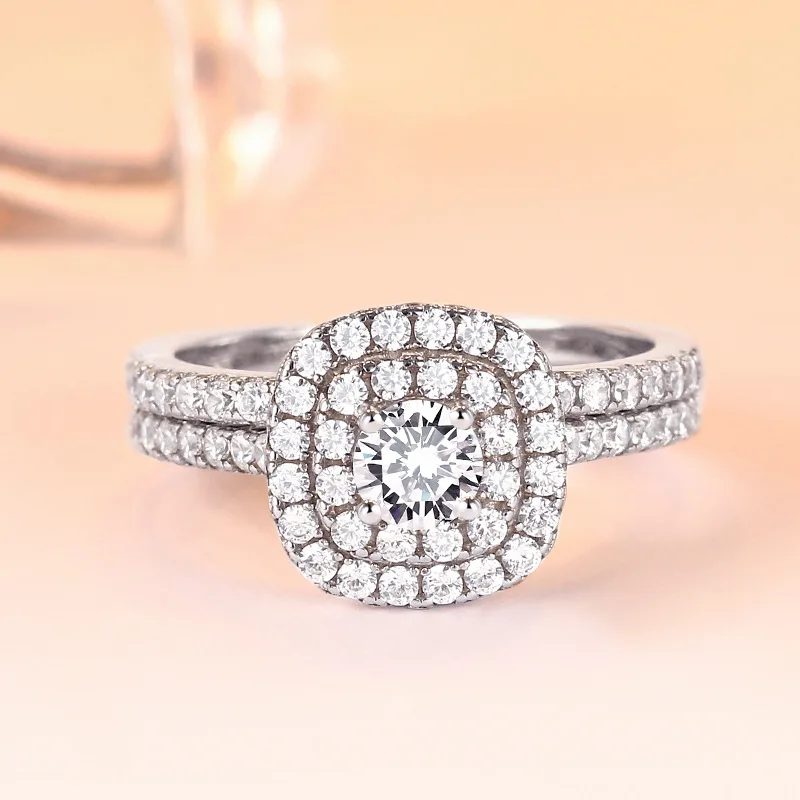 925 sterling silver jewelry Cubic Zircon double halo Engagement Wedding ring bridal set
