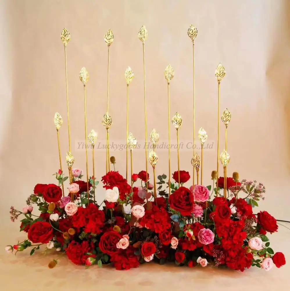 LDJ1046 Gold plastic leaf shape wedding walkway pillar arrangement with light party stage metal stand decoration
