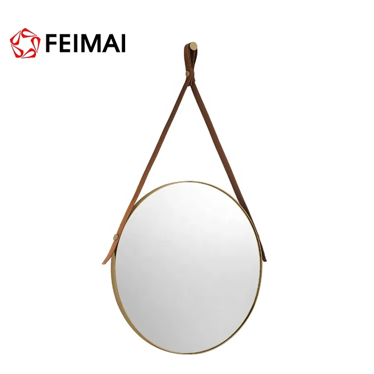 Декоративное круглое подвесное настенное Латунное зеркало с рамкой и кожаным ремешком