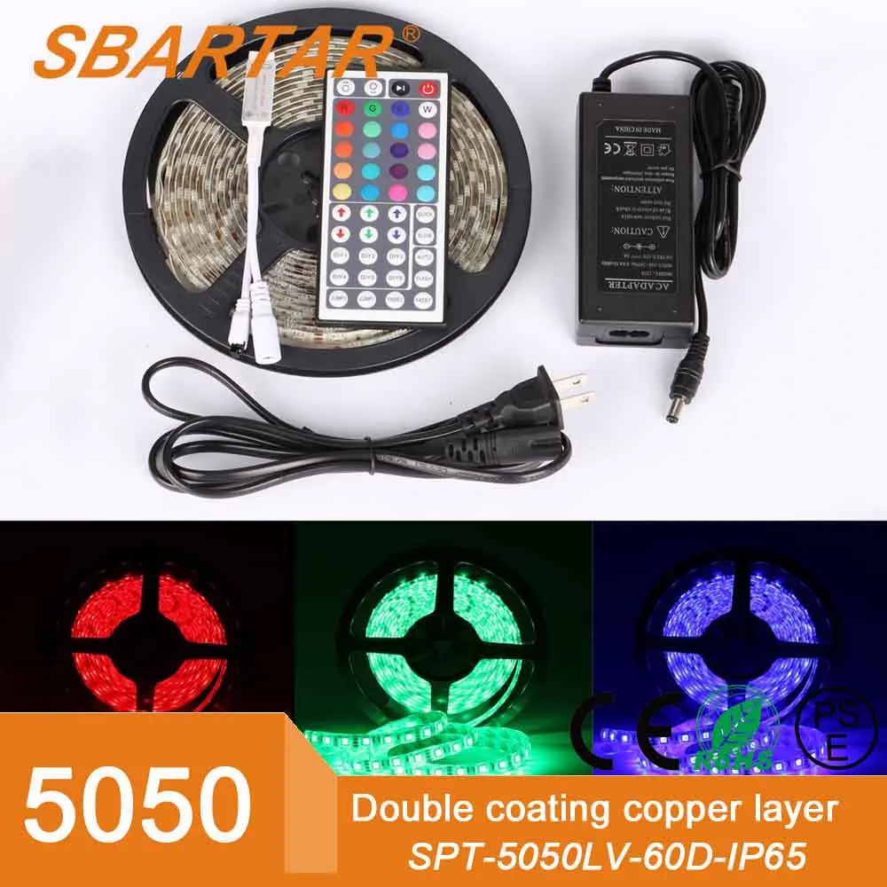 5Meter Waterproof Flexible Color Changing RGB SMD5050 300 LEDs Light Strip Kit with 44 Key Remote and 12V 5A Power Supply