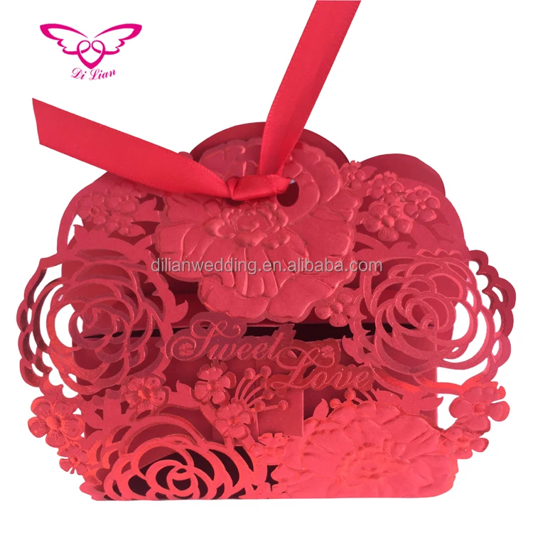 Laser cut pink color royal carriage candy box wedding