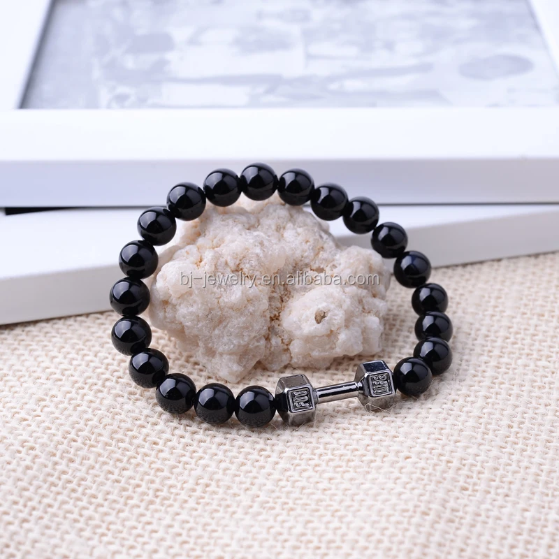 
Fashion Black Lava Stone Bracelet 8mm Natural Stone Beads Dumbbell Men Bracelet 
