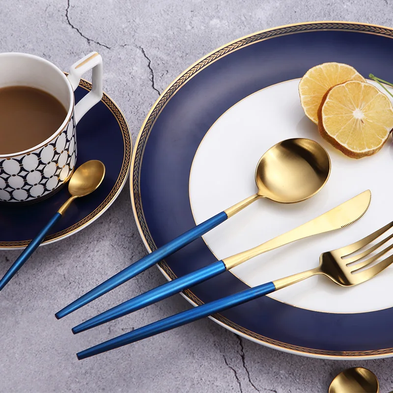 30% OFF Cupitol Style Matte Gold Knife&Spoon&fork Set with Bule Handle Portuguese Design Retro drawing knife and fork