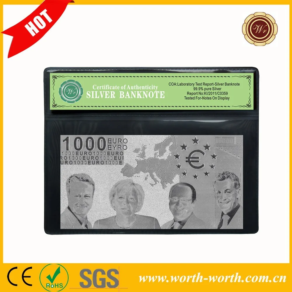Hot new product for 2021 Euro 1000 Silver gift items, euro banknotes 24k gold in 999 Silver With COA frame Best Promotional Gift
