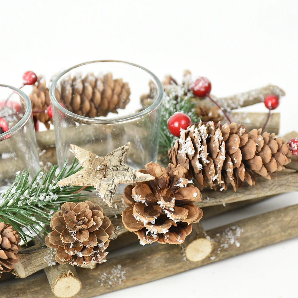 BSCI 4 cups tealight natural candlestick wood pinecone decorative candle holder