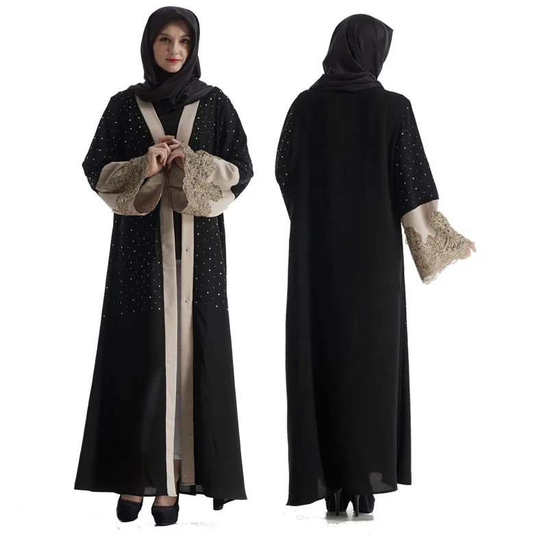 
2017 New model abaya in dubai long sleeve front open black abaya decorated with rhinestone 