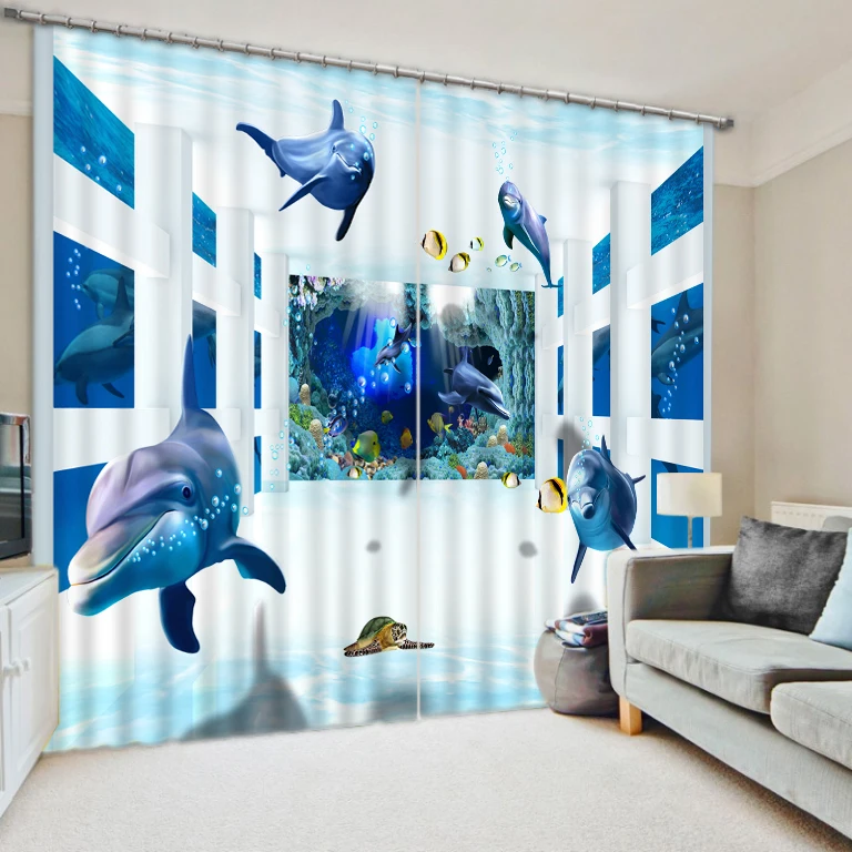 
Luxury New Design Blackout 3D Polyester Dolphin World 4 PC Set Tablecloth , Shower Curtain , Window Curtain 
