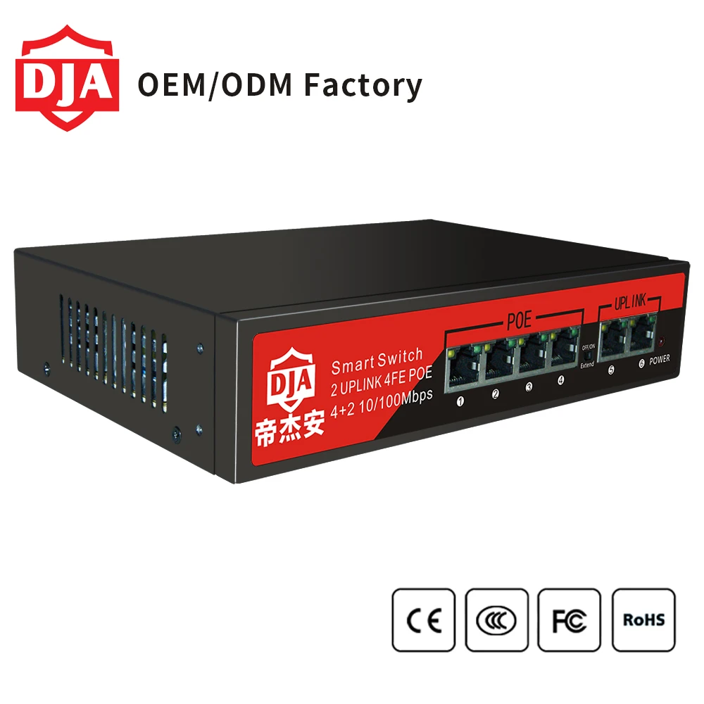 10/100M 6 port RJ45 4 port PoE Switch for IP camera and other network devices