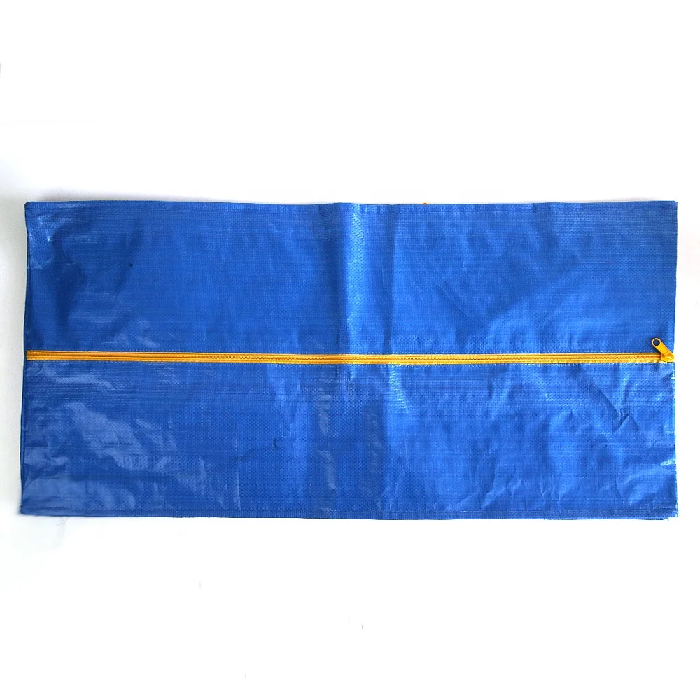 Extra large blue PP woven tote bag with zipper and adjustable straps