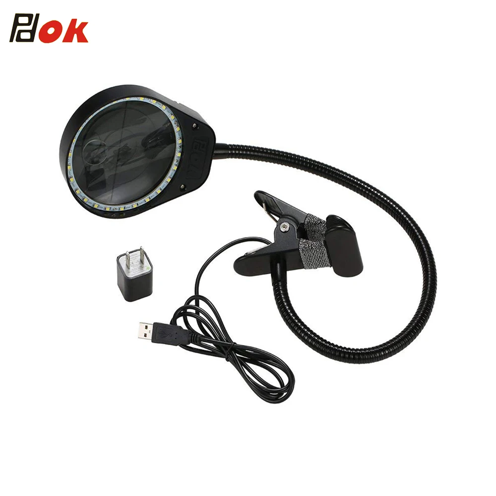 PDOK factory hot sale gooseneck clip reading lamp dual lens magnifier LED light bed light USB desk lamp