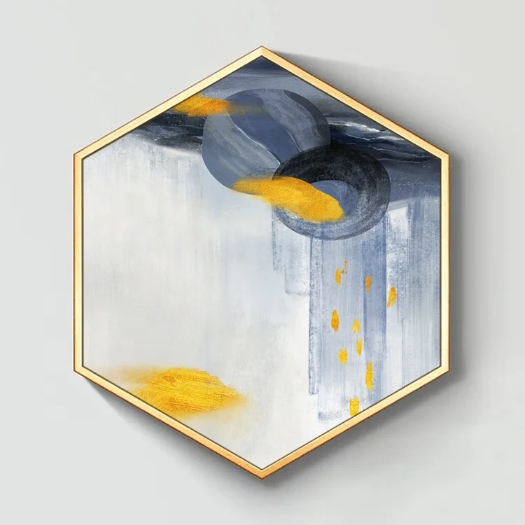 
abstract artwork giclee canvas painting with golden hexagon frame for bedroom 