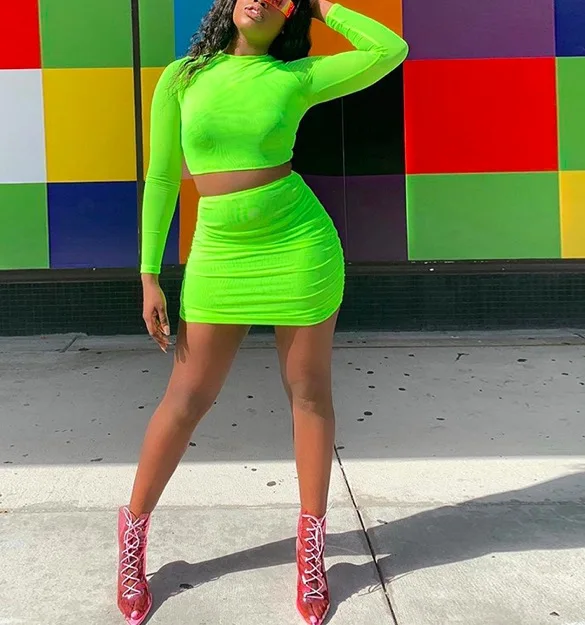Neon Green Mesh Sexy Two Piece Set Skirt and Crop Top Women 2 Piece Summer Matching Sets Club Outfits