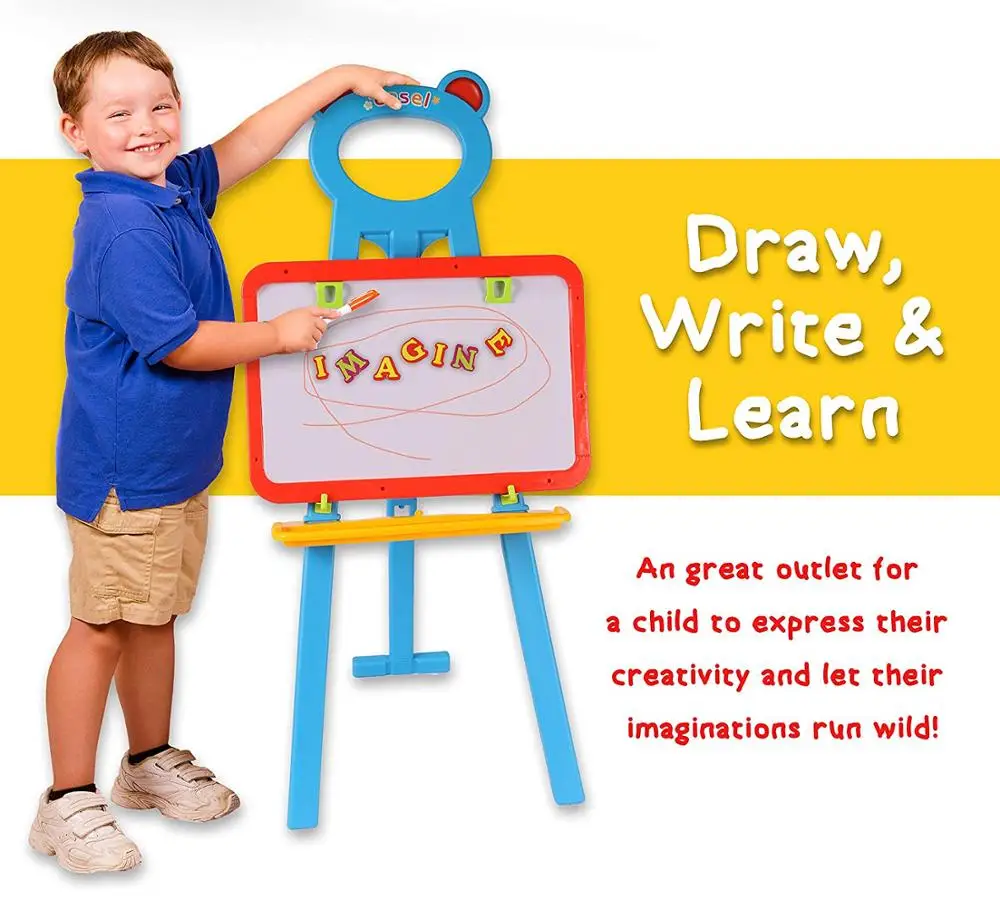 Kids 3-in-1 Chalkboard and Whiteboard Easel - Reversible Magnetic Dry Erase and Paint Board with Chalk, Eraser, and 84 Magnets