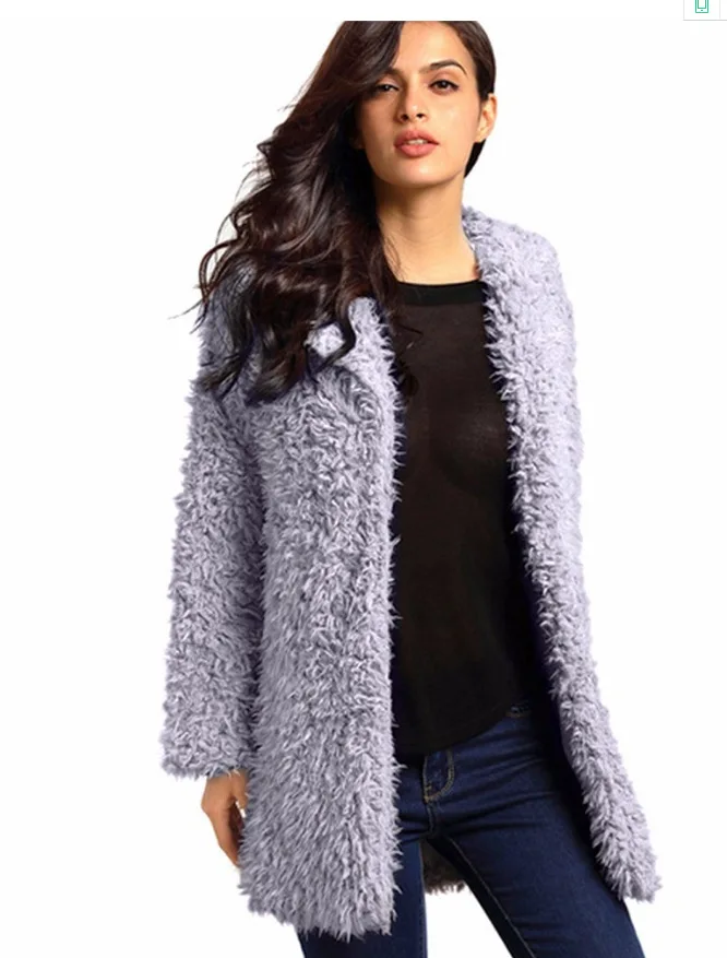 
Winter Grey Wool Overcoat Warm Outerwear Women Pink Faux Fur Coat Turn Down Collar Long Sleeve Cardigan Female Outwear 