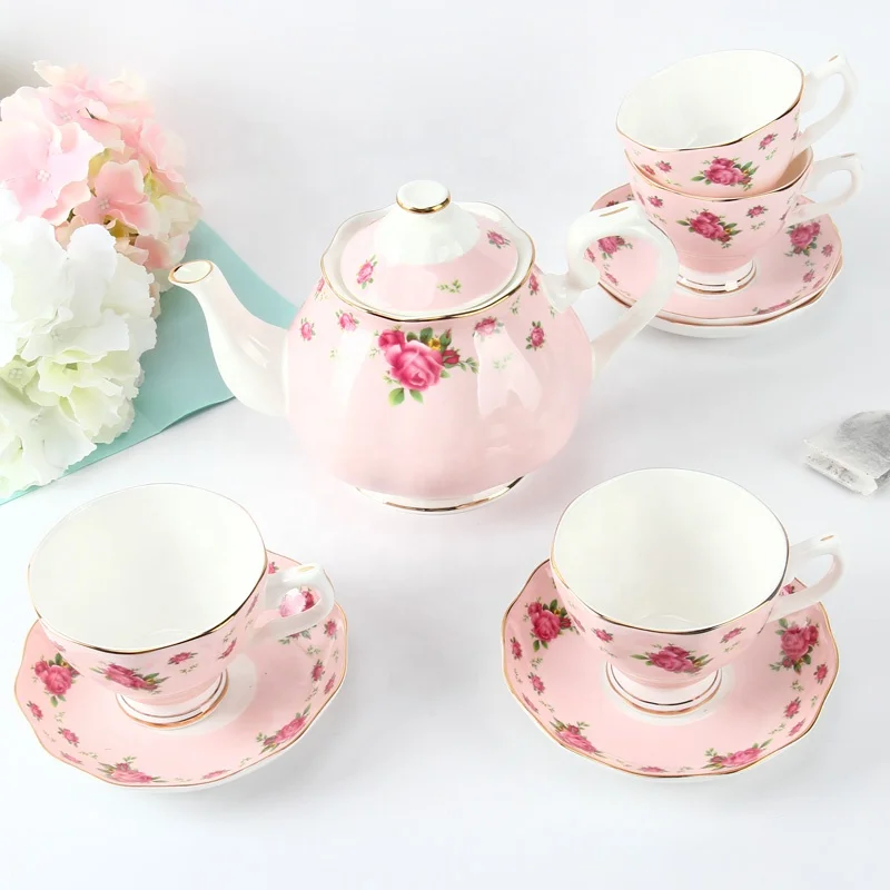 English Style Bonechina Red Rose Design 1000ml Family Coffee Tea Pot and Cup Set