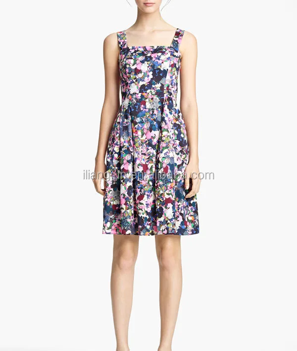 Full pleat skirted floral print women pretty tank dress