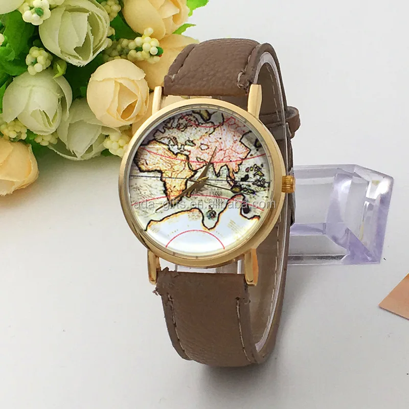 Fashion world map watch big dial watch pu leather band watches