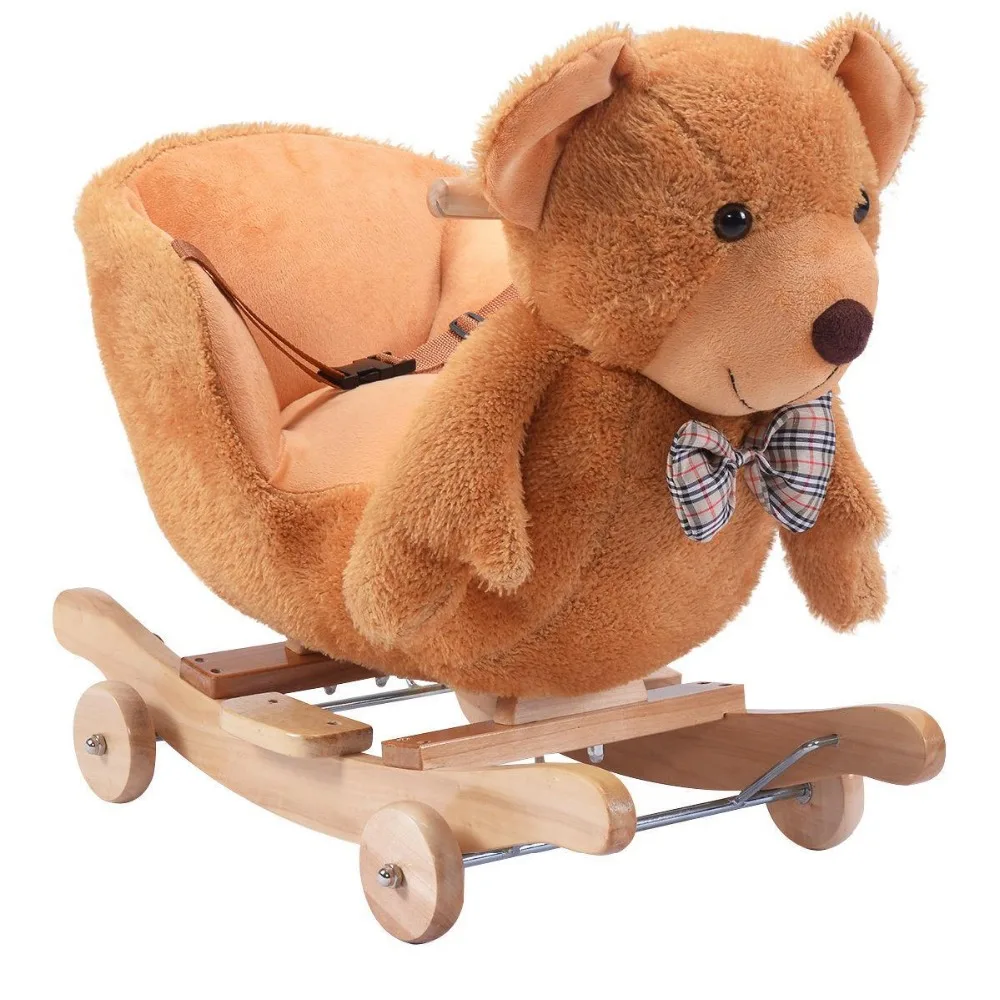Baby Kids Toy Plush Bear Animal Rocker Rider Toddler Seat wood Rocking Chair w/ Sound wheel