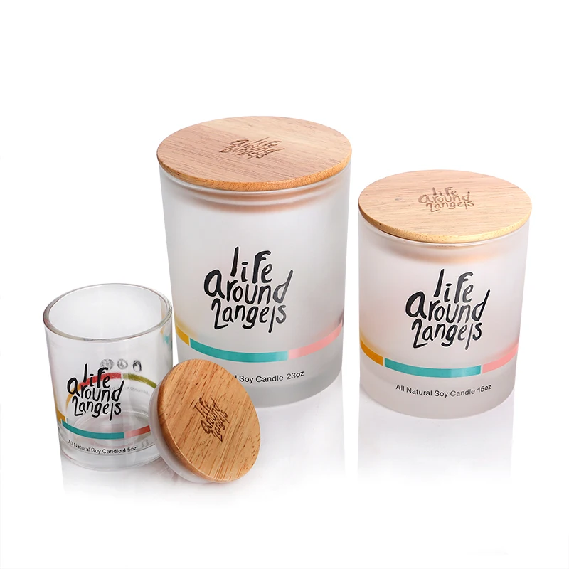 OEM Black And White Matte Frosted Glass Candle Holder Jars With Wood Lid