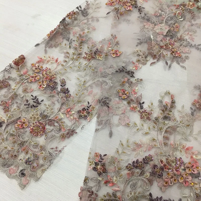 top end bridal beaded lace fabric with embroidery on mesh hand sequin and beaded tulle  lace fabric for party dress