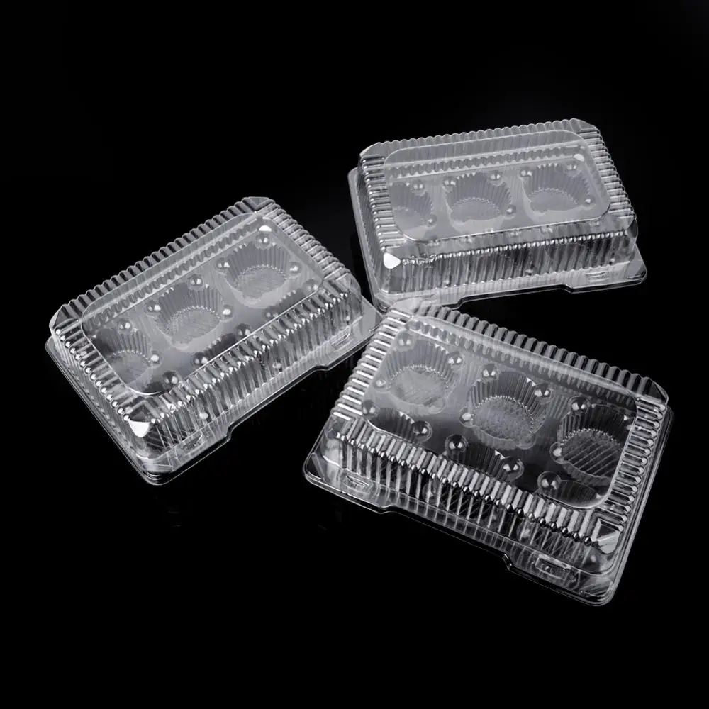 Disposable Bakery Plastic Hinged PET Blister 6 Hole Cupcake Container Boxes With Lid