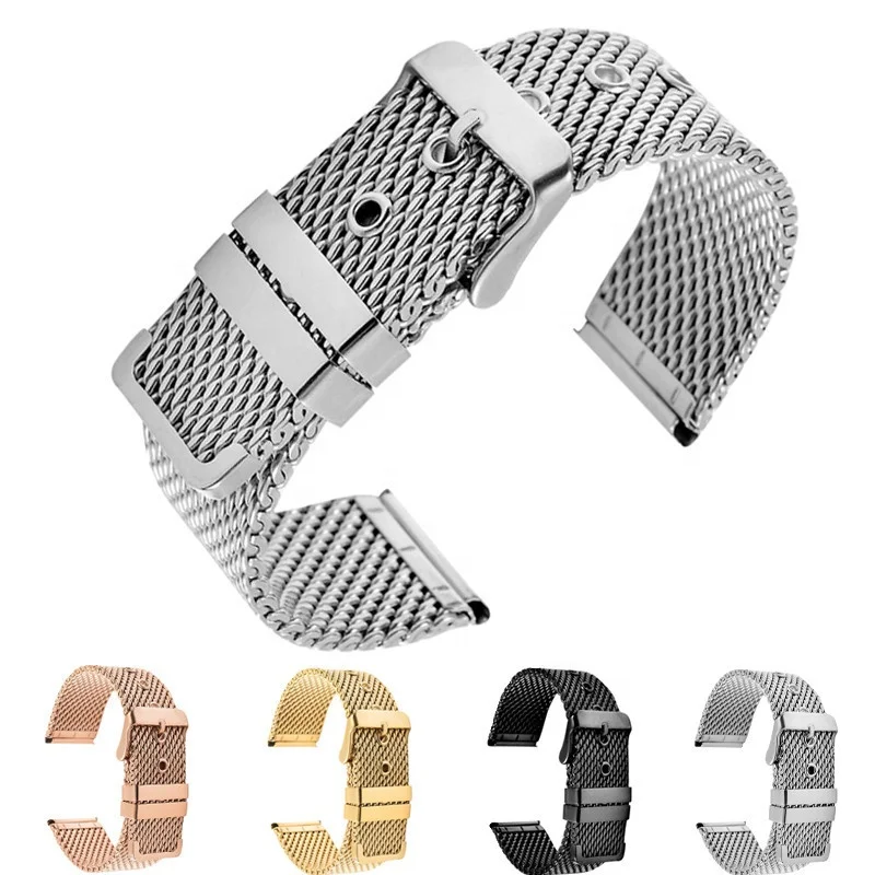 Classic design 1.0mm wire 304 stainless steel milanese mesh watch bracelet strap band with double rings shinning buckle
