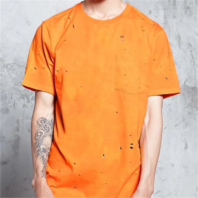 Cheap promotional fashion bangladesh clothing custom blank plain orange hole t shirt