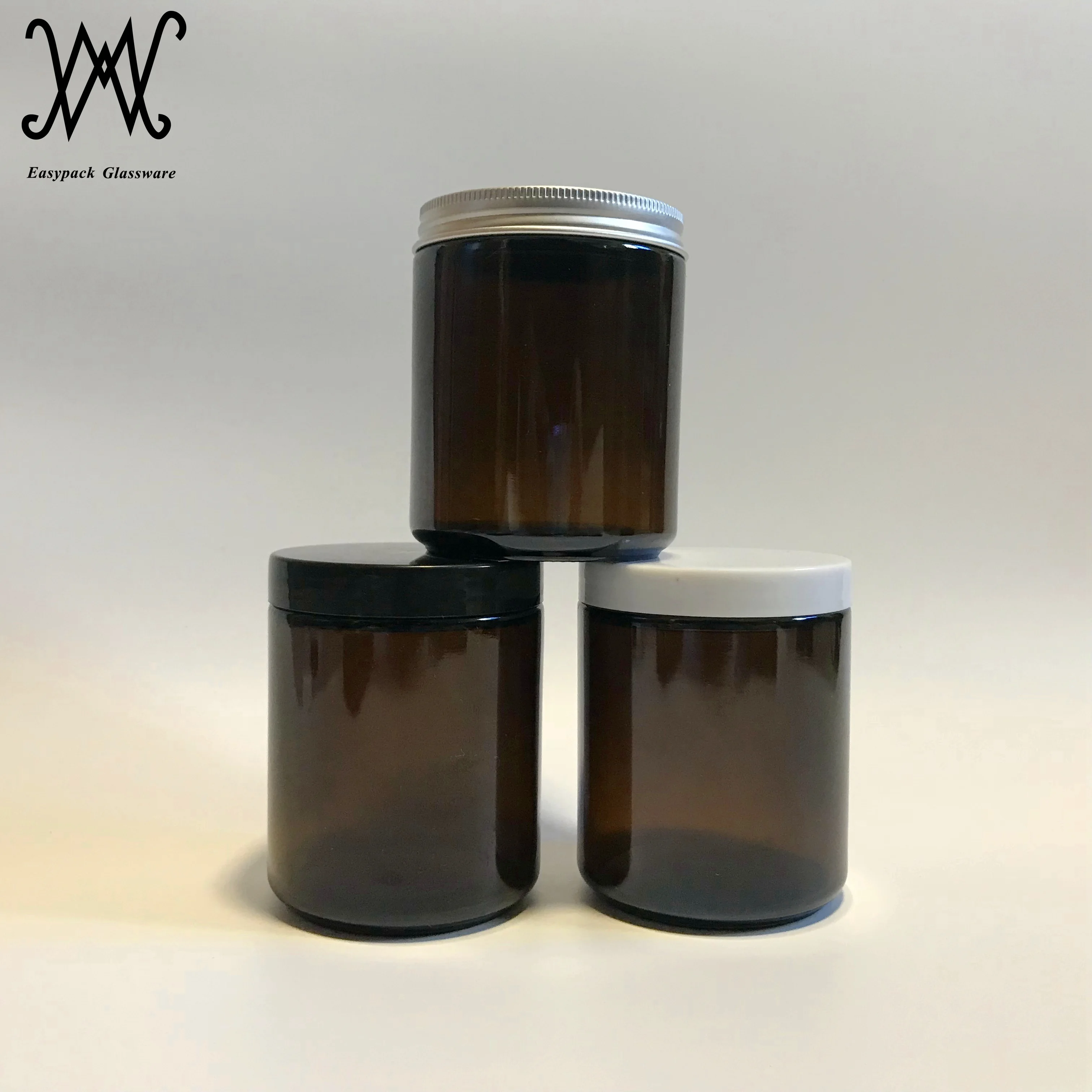 1oz 2oz 4oz 8oz straight sided round amber glass cosmetic jar with black plastic lid BPA free container