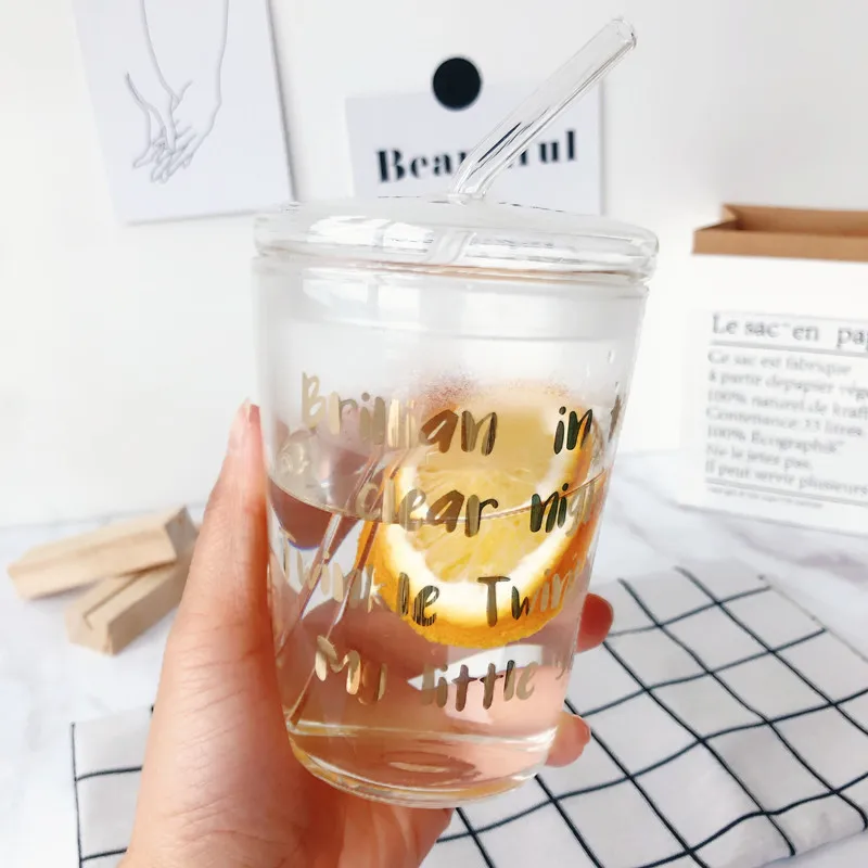 Стеклянная чашка для чая с молоком индивидуального размера многоразовая и экологически чистая крышкой фруктового из соломы сока кофе напитков