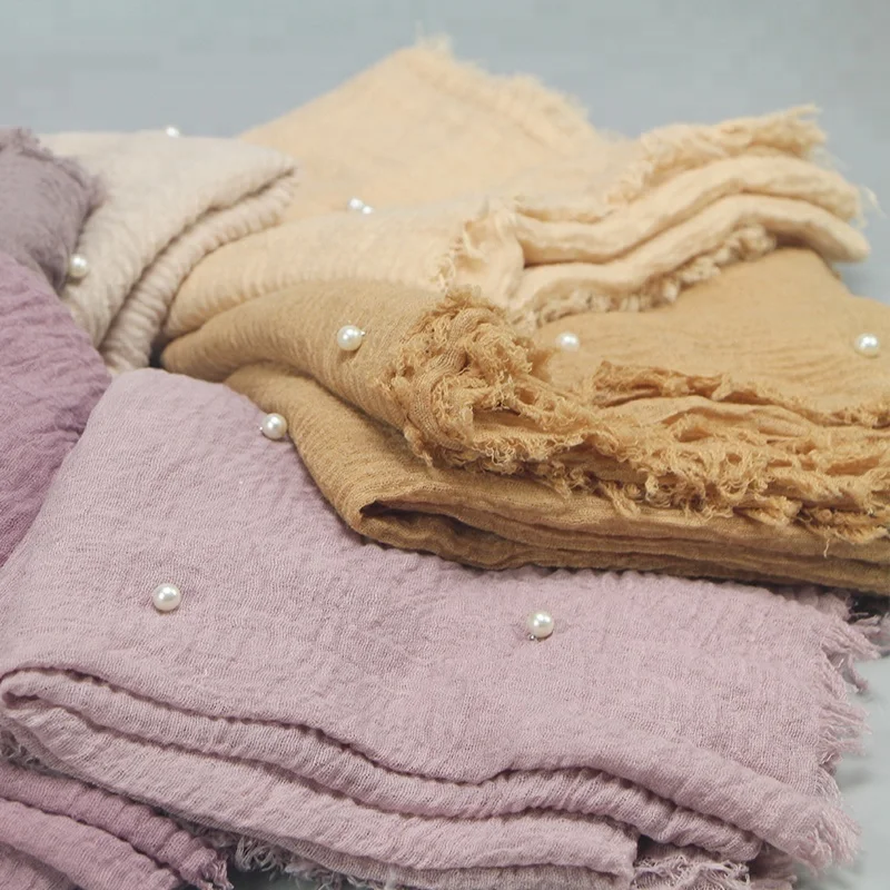 
Fashion Crinkle Cotton Women Tassel Pearl Muslim Hijab Head Scarf 