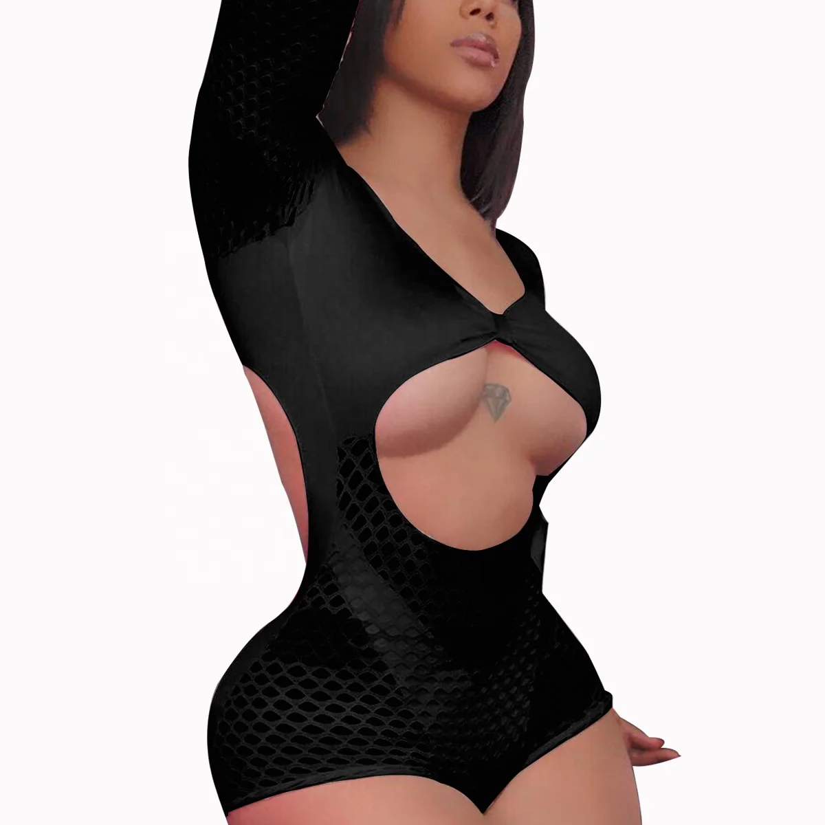 Hollow Out One Piece Thong Bikini Mesh Long Sleeve Swimwear