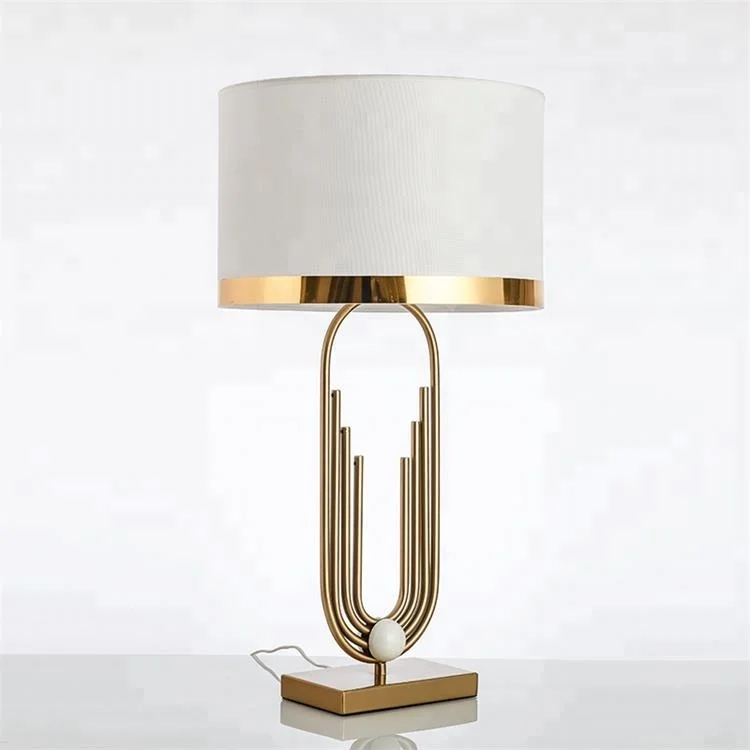 modern design artistic Iron table lamp golden holder and white fabric for home and hotel decoration