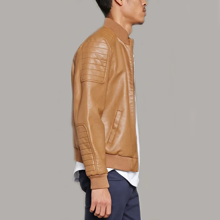 
Motorcycle wear high neckline ribbed stitched leather jacket men 