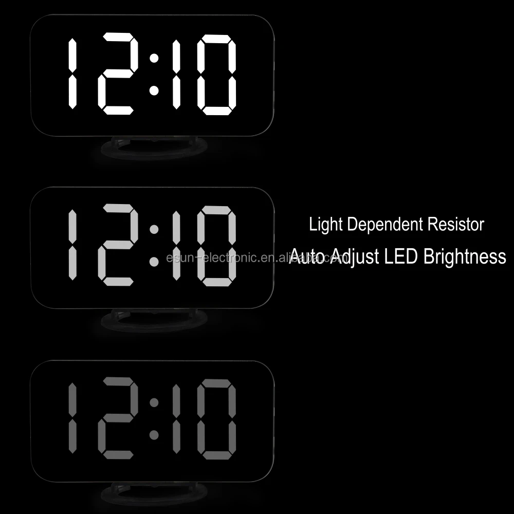 Smart LED Digit Light Large Mirror LCD Screen Digital Table Alarm Clock with Dual USB Charger -Wall hanging or free standing