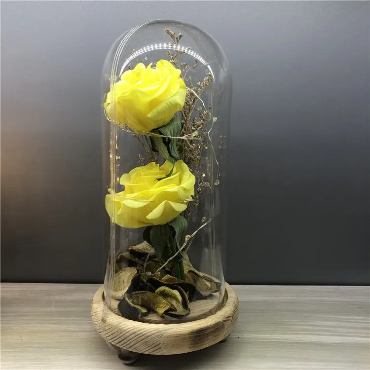 Высококачественная искусственная Шелковая Роза в стеклянном куполе со светодиодной подсветкой две головки розы цветы подарок на день Святого Валентина