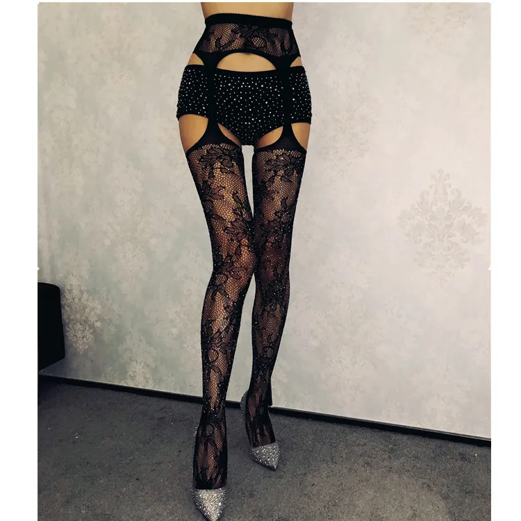 women nylon open crotch fishnet tights  jacquard pantyhose with rhinestone