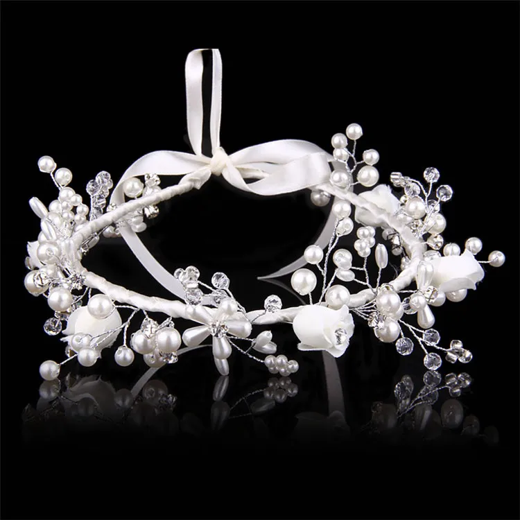 Beautiful bride hair crown artificial flower hair garland with pearl white