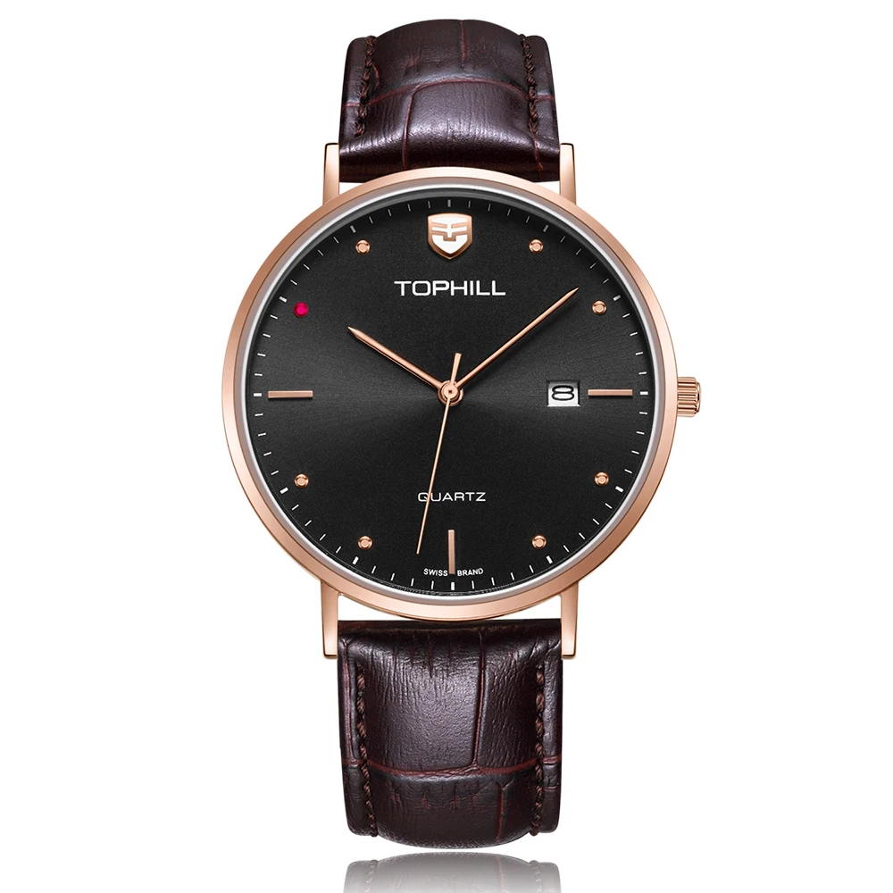 Minimalist Stainless Steel Case Back Genuine Leather Band Slim Stone Quartz Wrist Watch Japan