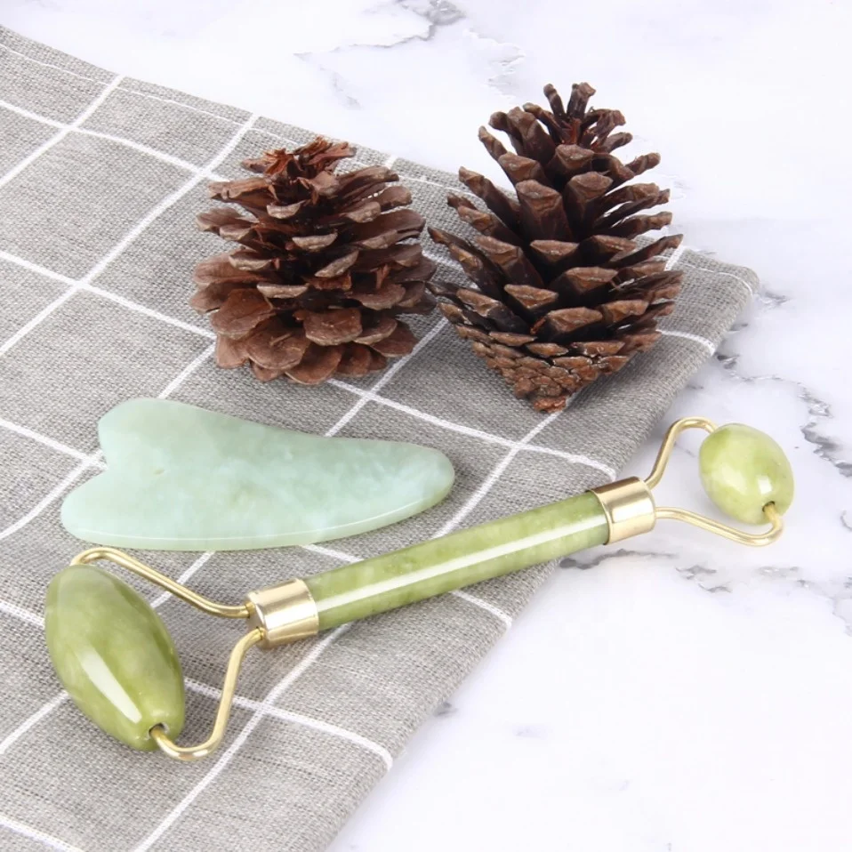 Genuine Jade Roller for Face and Gua Sha Tools Gift Set, 100% Natural Handmade Jade Facial Massager, Scraping Tool