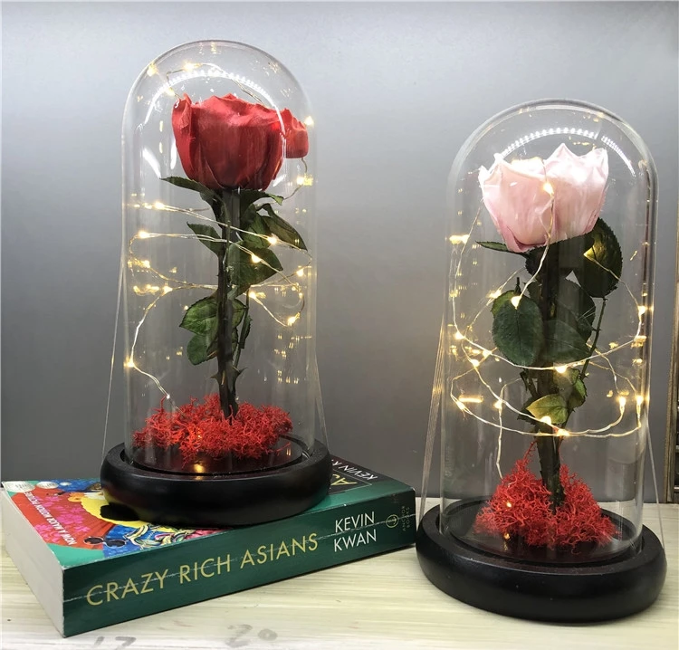 Wholesale preserved rose flowers artificial silk flower with LED light in glass dome perfect gift for festival