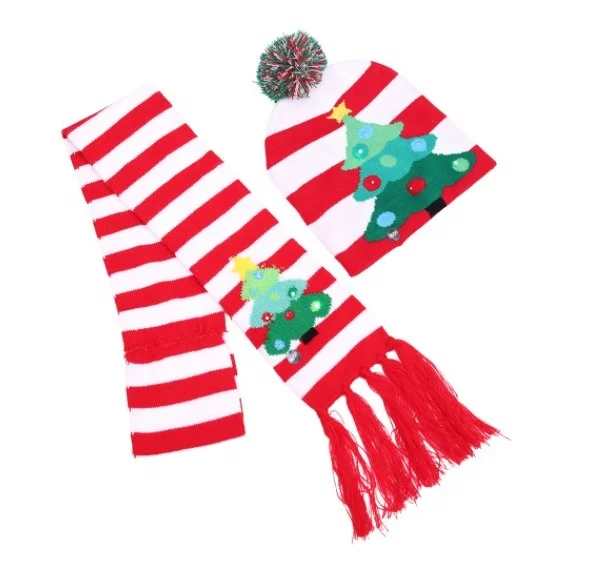 Kids Christmas Jacquard Knit Beanie Hat and Scarf with LED Lights