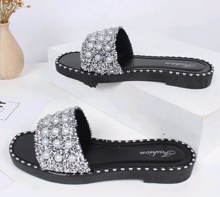 New fashion slipper flat PU footwear design woman pearl beach sandals