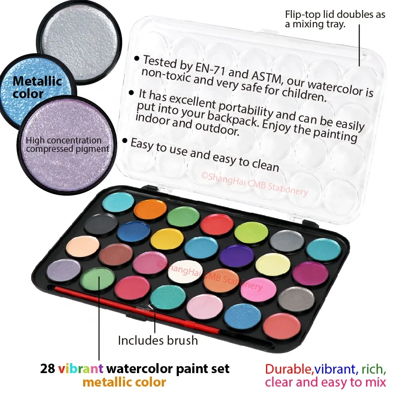 
28 pans water soluble paint non toxic pearlescent watercolor set 